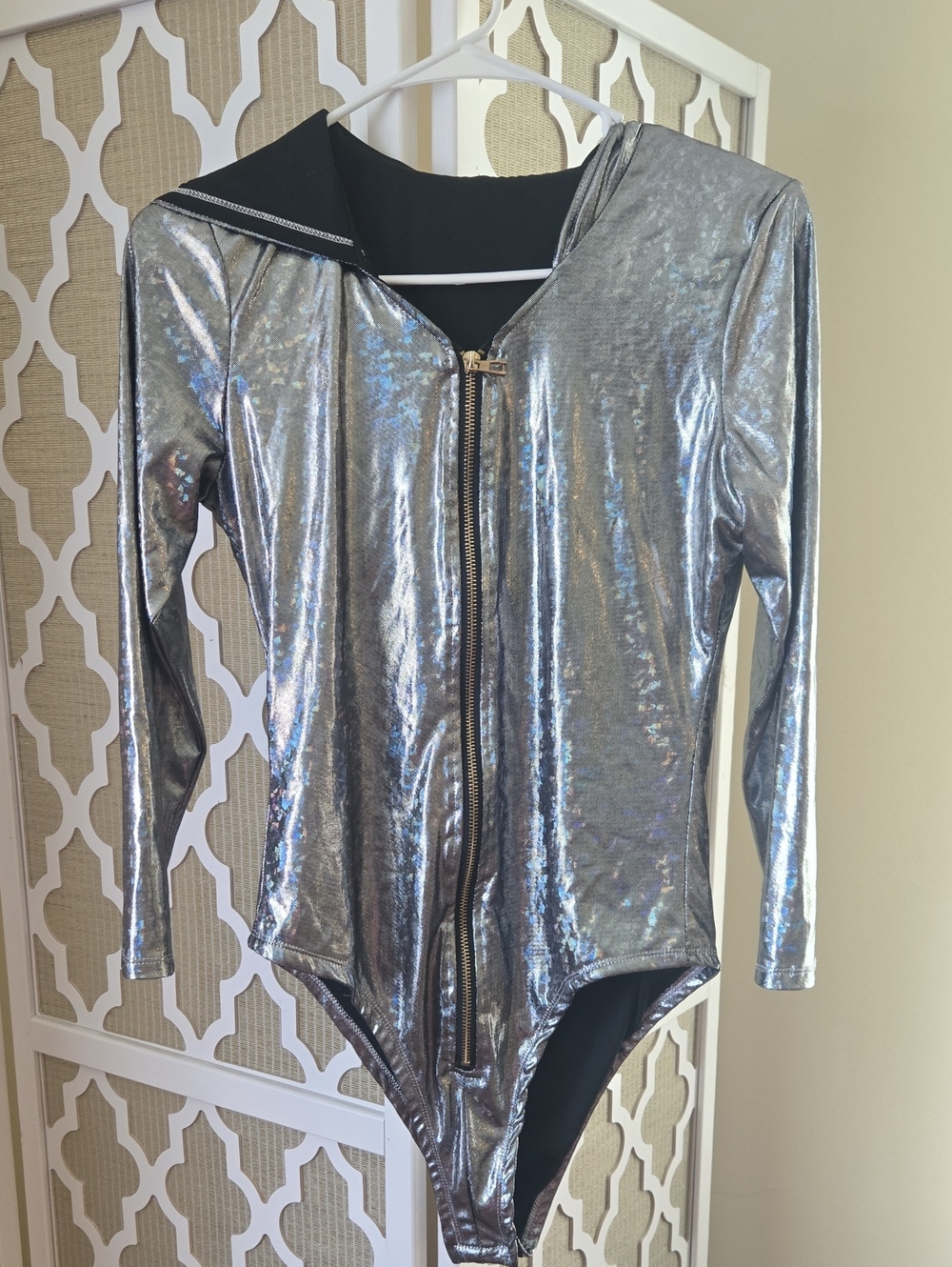 Womens Metallic Silver Long-Sleeve One-Piece with Front Zip With Hood